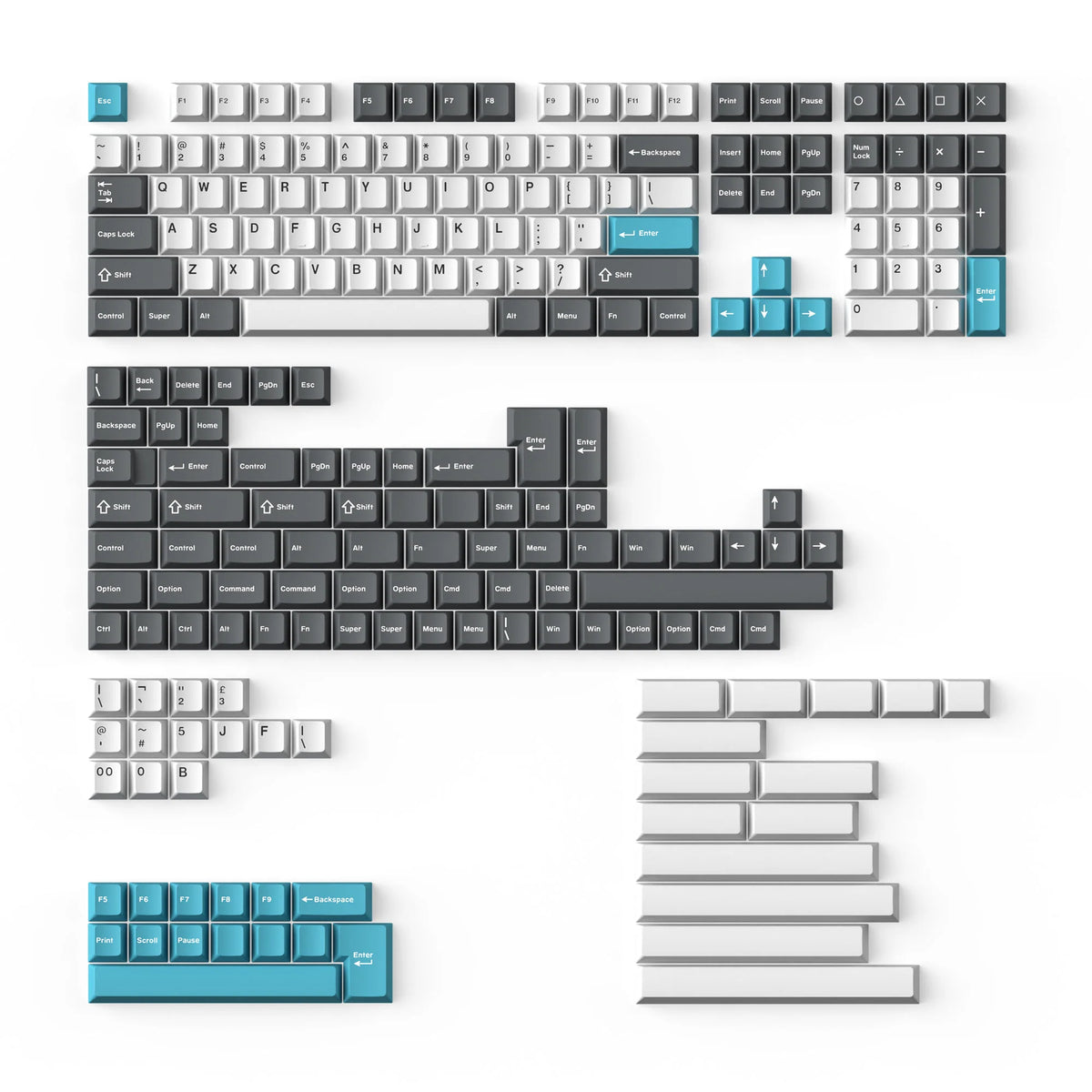 Cherry Profile Double-Shot PBT Full Set Keycaps - Grey, White, and Blue